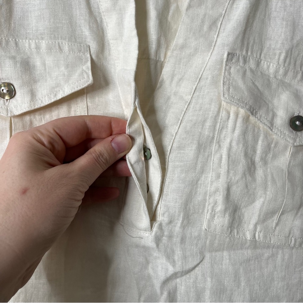 Nicole Miller 100% Linen Cream Popover Blouse Top Women's L Boxy Casual - Picture 5 of 7